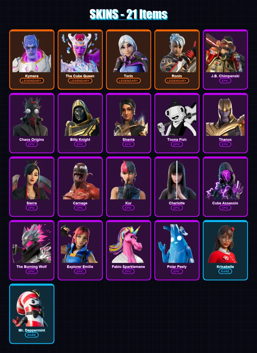 [PS4/PS5/XBOX/PC] | Kymera | The Cube Queen | Torin | Ronin | J.B. Chimpanski | 21 skin | 45 pickaxe | 17 emote | 28 glider | Lv311