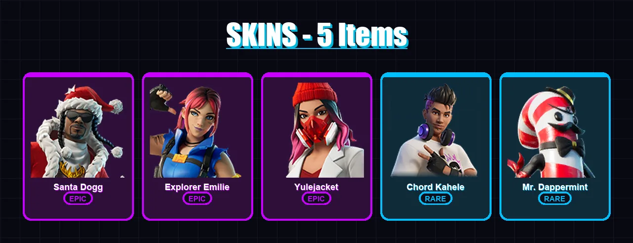 [PC/XBOX/PSN] | Santa Dogg | Explorer Emilie | Yulejacket | Chord Kahele | Mr. Dappermint | 5 skin | 6 pickaxe | 3 emote | 5 glider | Lv22