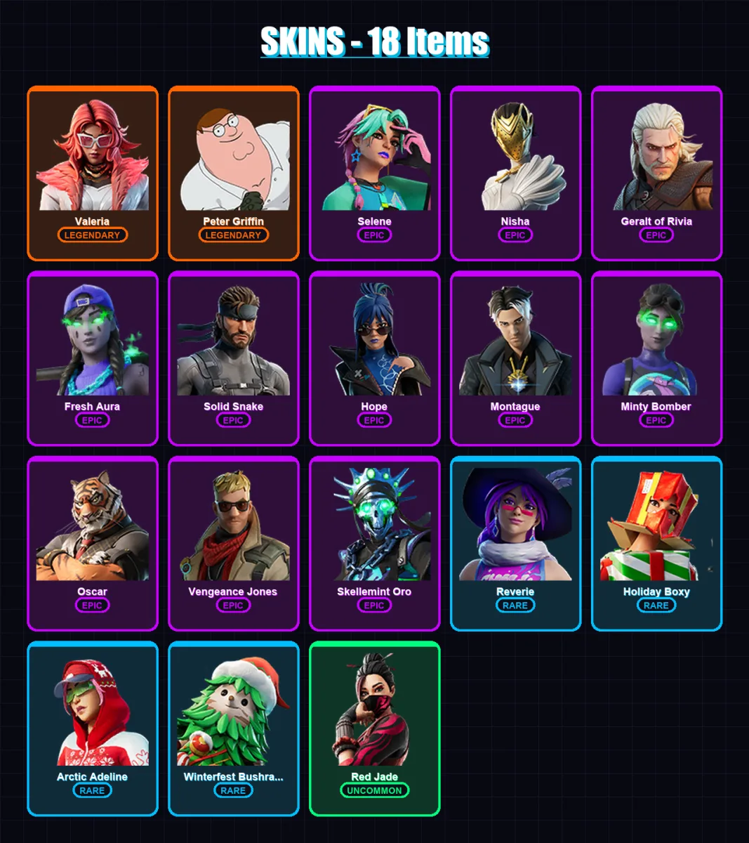 [PS4/PS5/XBOX/PC] | Valeria | Peter Griffin | Selene | Nisha | Geralt of Rivia | 18 skin | 23 pickaxe | 16 emote | 18 glider | Lv234 — Fortnite account