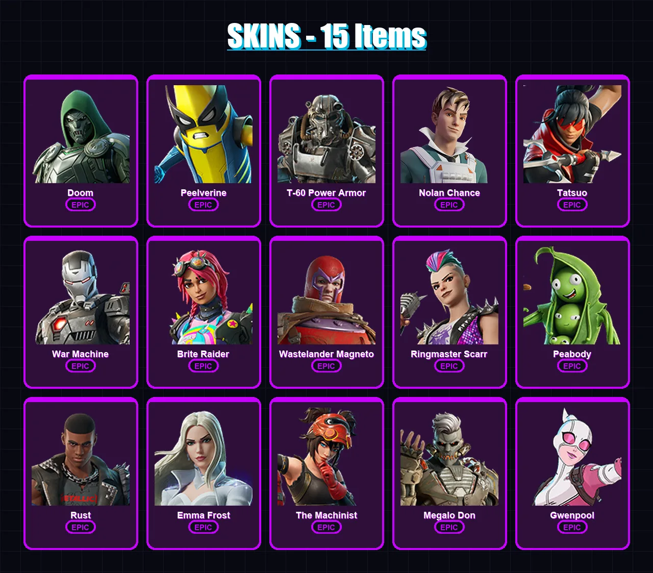 [PC/XBOX/PSN] | Doom | Peelverine | T-60 Power Armor | Nolan Chance | Tatsuo | 15 skin | 31 pickaxe | 32 emote | 34 glider | Lv755