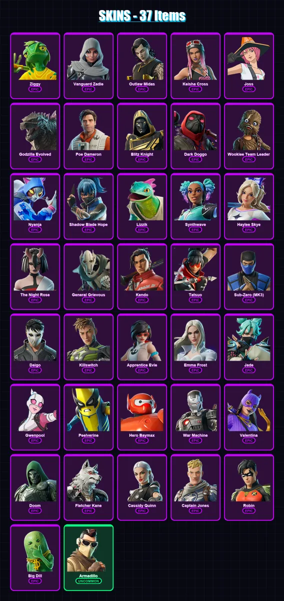 [PS4/PS5/XBOX/PC] | Ziggy | Vanguard Zadie | Outlaw Midas | Keisha Cross | Joss | 37 skin | 64 pickaxe | 47 emote | 49 glider | Lv677