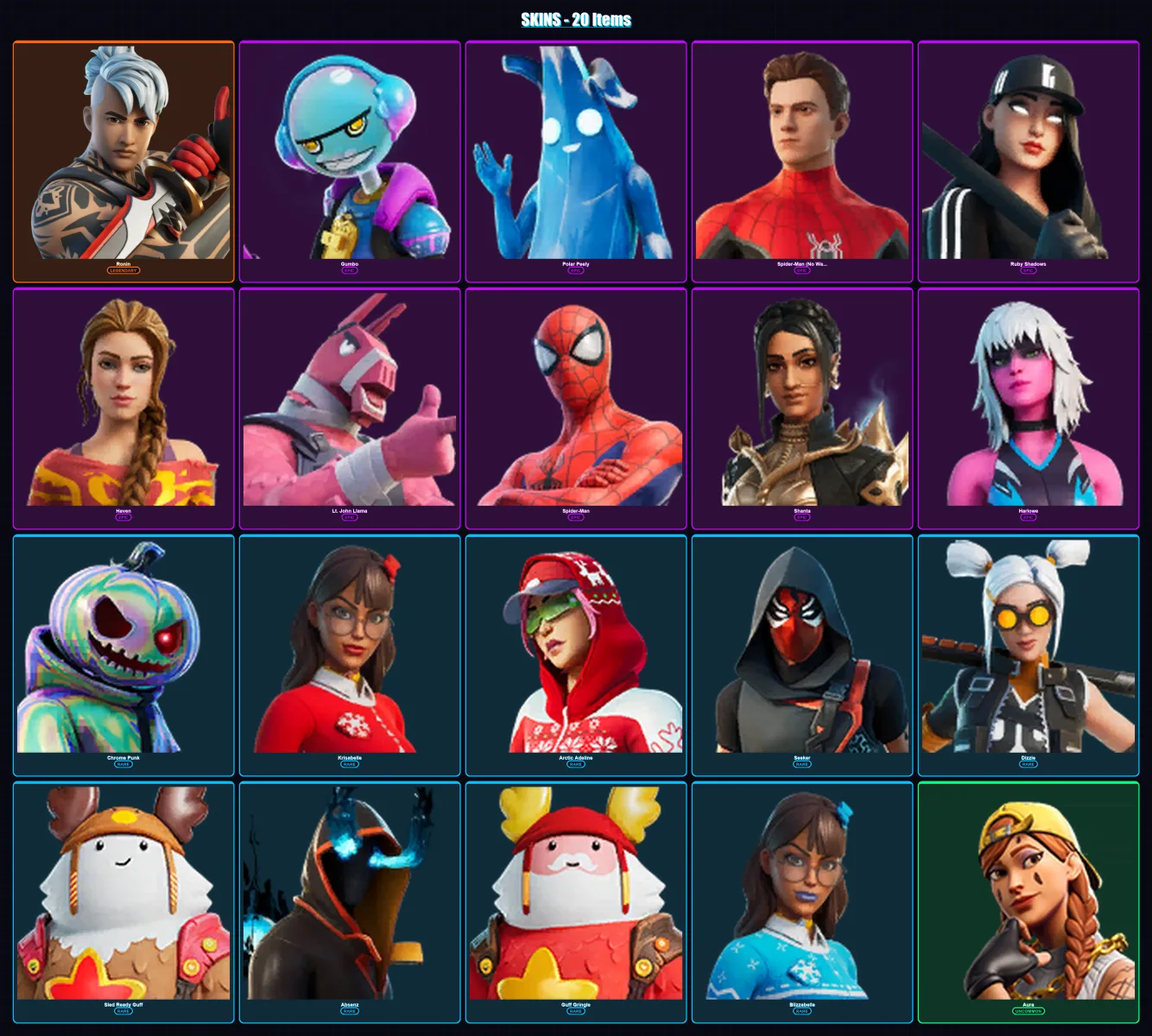 [PC/XBOX/PSN] | Ronin | Gumbo | Polar Peely | Spider-Man (No Way Home) | Ruby Shadows | 20 skin | 39 pickaxe | 26 emote | 38 glider | Lv613