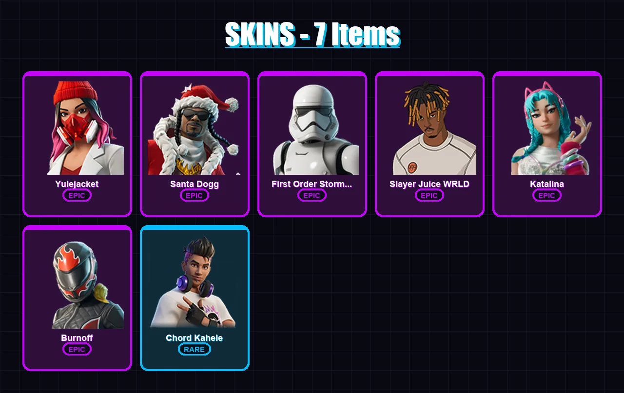 [PC/XBOX/PSN] | Yulejacket | Santa Dogg | First Order Stormtrooper | Slayer Juice WRLD | Katalina | 7 skin | 20 pickaxe | 8 emote | 11 glider | Lv98
