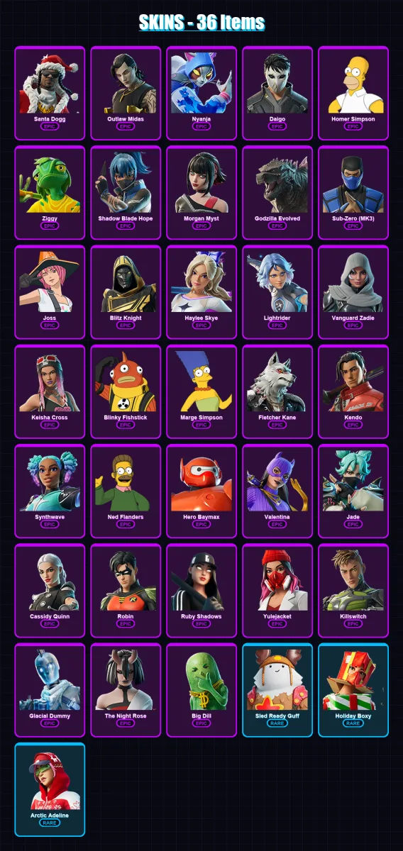 [PC/XBOX/PSN] | Santa Dogg | Outlaw Midas | Nyanja | Daigo | Homer Simpson | 36 skin | 77 pickaxe | 39 emote | 53 glider | Lv943
