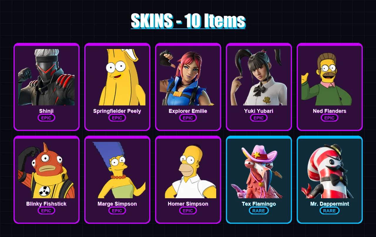 [PS4/PS5/XBOX/PC] | Shinji | Springfielder Peely | Explorer Emilie | Yuki Yubari | Ned Flanders | 10 skin | 22 pickaxe | 9 emote | 14 glider | Lv99