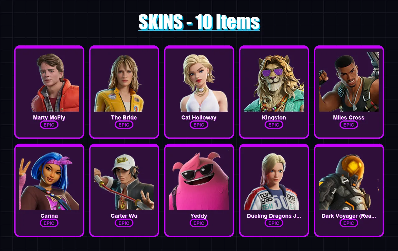 [PC/XBOX] | Marty McFly | The Bride | Cat Holloway | Kingston | Miles Cross | 10 skin | 24 pickaxe | 17 emote | 20 glider | Lv218