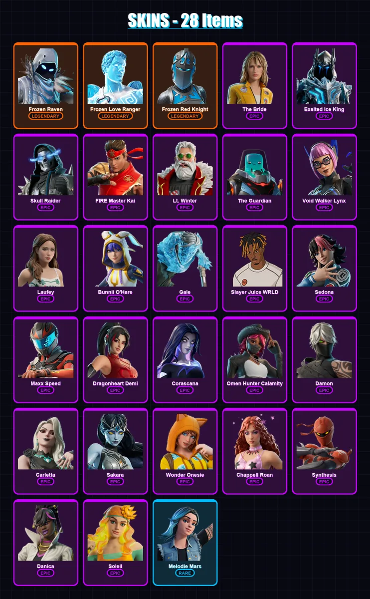 [PC/PSN] | Frozen Raven | Frozen Love Ranger | Frozen Red Knight | The Bride | Exalted Ice King | 28 skin | 25 pickaxe | 14 emote | 11 glider | Lv84