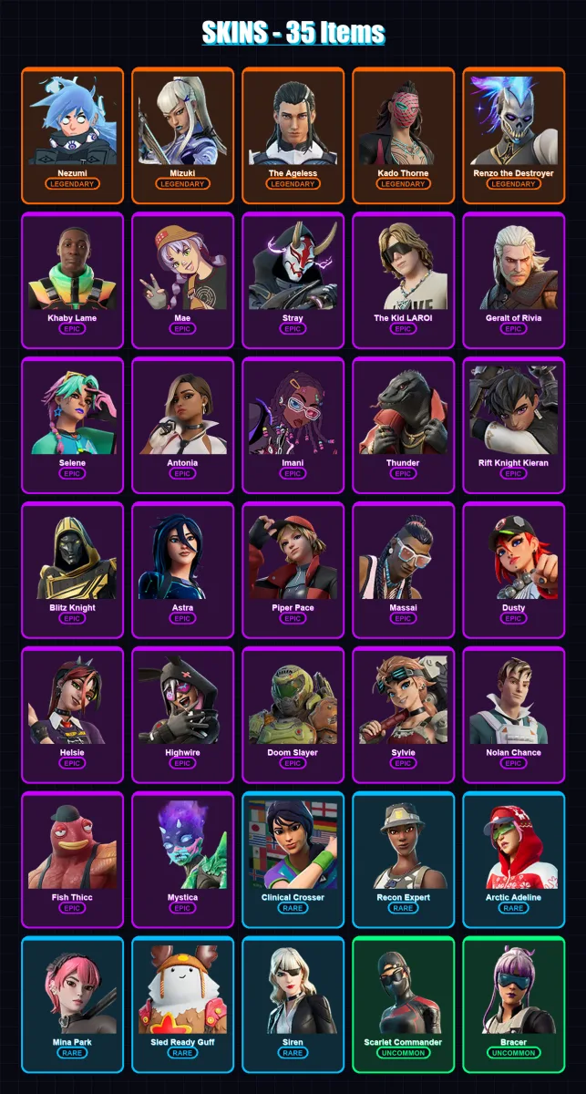 [PC/PSN] | Nezumi | Mizuki | The Ageless | Kado Thorne | Renzo the Destroyer | 35 skin | 62 pickaxe | 44 emote | 49 glider | Lv901 — Fortnite account