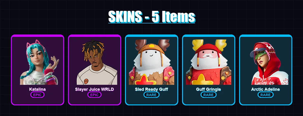 [PC/XBOX/PSN] | Katalina | Slayer Juice WRLD | Sled Ready Guff | Guff Gringle | Arctic Adeline | 5 skin | 10 pickaxe | 7 emote | 12 glider | Lv89