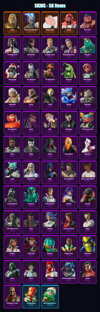 [PC/XBOX/PSN] | Zeus | Renzo the Destroyer | Peter Griffin | Valeria | Fish Thicc | 58 skin | 71 pickaxe | 57 emote | 60 glider | Lv773
