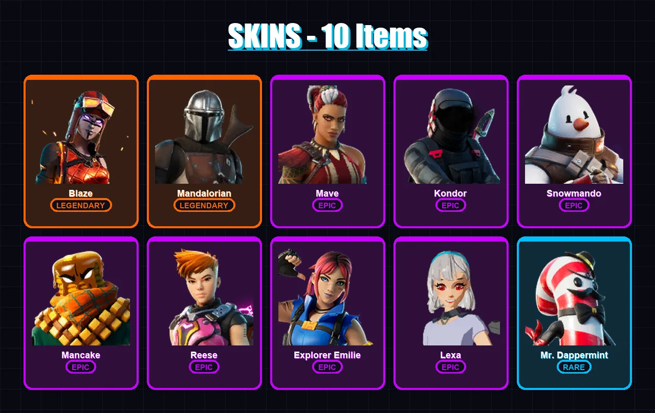 [PC/XBOX/PSN] | Blaze | Mandalorian | Mave | Kondor | Snowmando | 10 skin | 12 pickaxe | 14 emote | 12 glider | Lv202