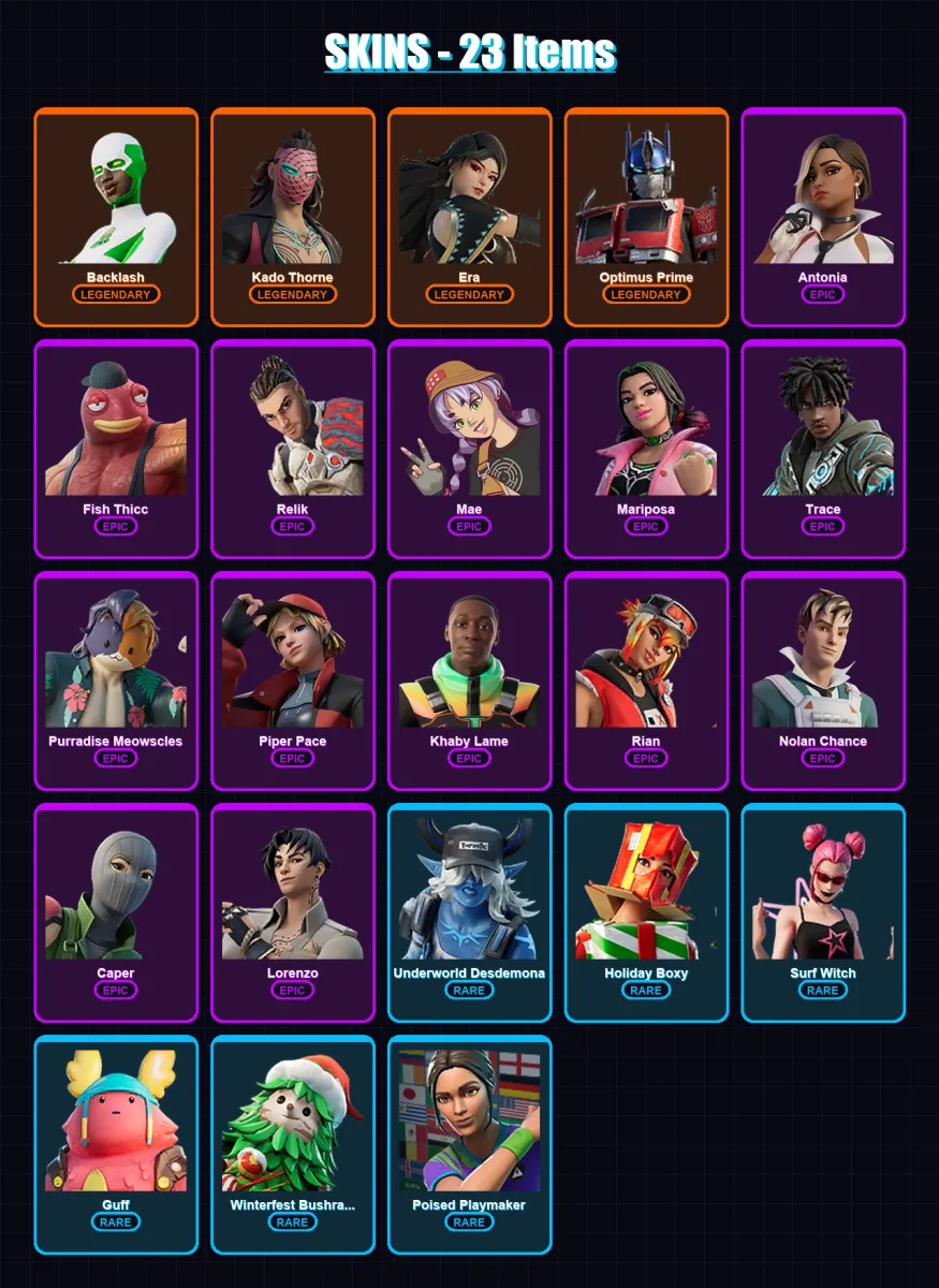 [PS4/PS5/XBOX/PC] | Backlash | Kado Thorne | Era | Optimus Prime | Antonia | 23 skin | 33 pickaxe | 32 emote | 29 glider | Lv652