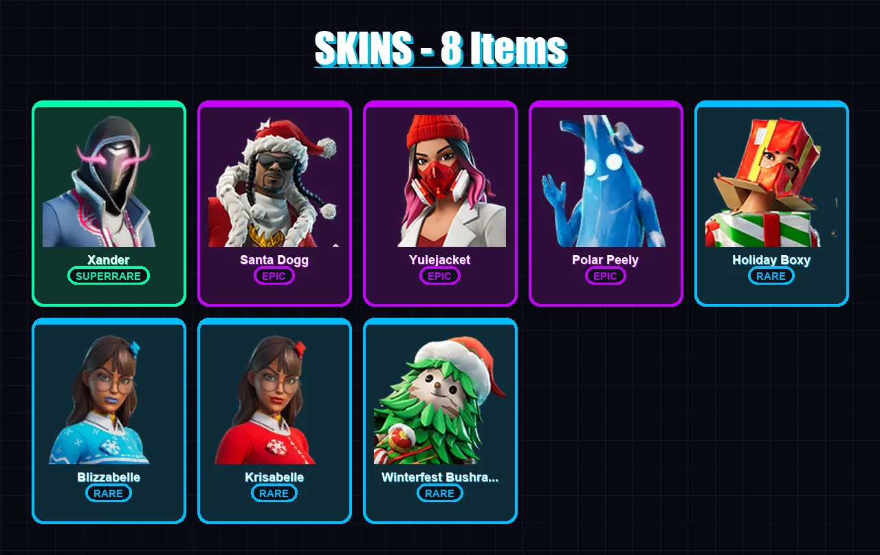 [PC/XBOX] | Xander | Santa Dogg | Yulejacket | Polar Peely | Holiday Boxy | 8 skin | 29 pickaxe | 15 emote | 23 glider | Lv344