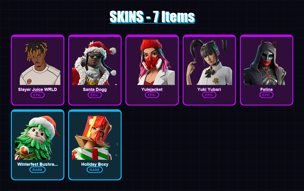 [PC/XBOX/PSN] | Slayer Juice WRLD | Santa Dogg | Yulejacket | Yuki Yubari | Felina | 7 skin | 44 pickaxe | 22 emote | 36 glider | Lv523