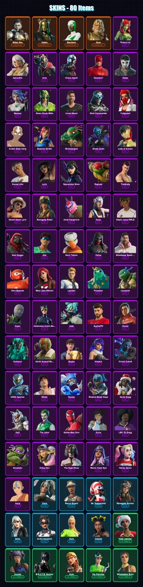 [PS4/PS5/XBOX/PC] | Midas Rex | Hades | Backlash | Zeus | Poison Ivy | 80 skin | 120 pickaxe | 56 emote | 54 glider | Lv1344