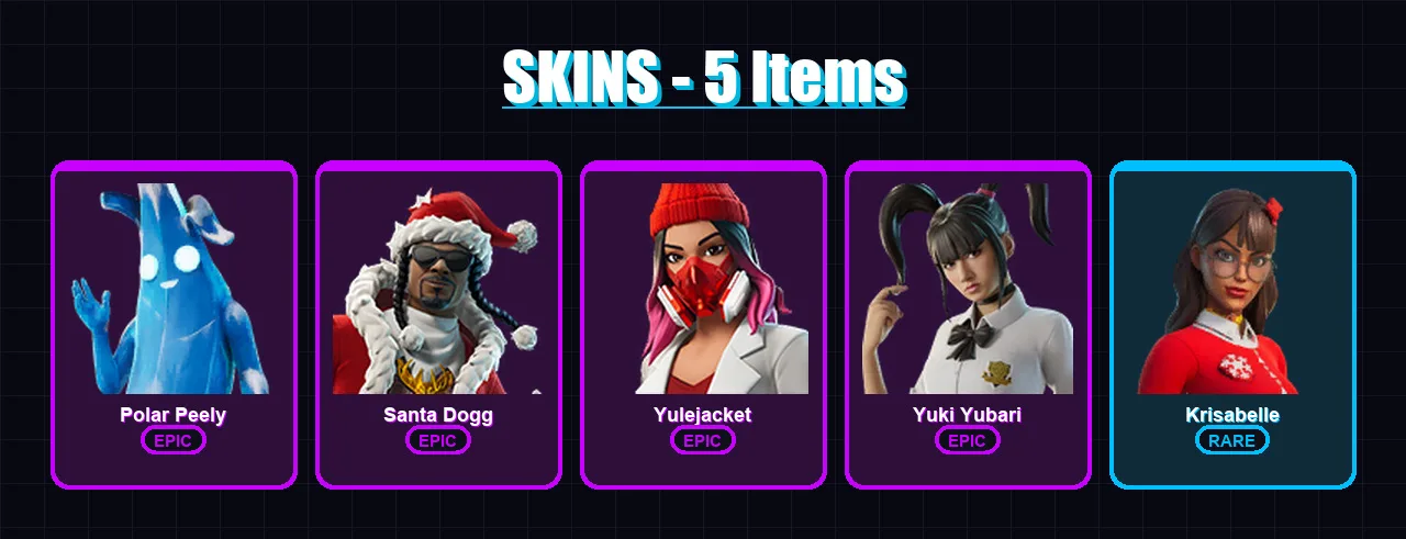 [PC/XBOX/PSN] | Polar Peely | Santa Dogg | Yulejacket | Yuki Yubari | Krisabelle | 5 skin | 21 pickaxe | 10 emote | 11 glider | Lv149