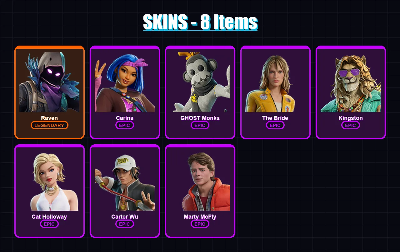 [PS4/PS5/XBOX/PC] | Raven | Carina | GHOST Monks | The Bride | Kingston | 8 skin | 14 pickaxe | 12 emote | 10 glider | Lv86