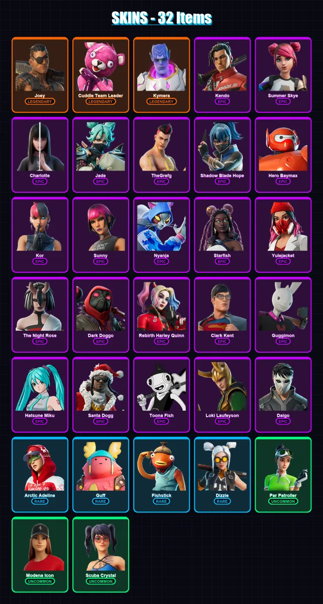 [PS4/PS5/XBOX/PC] | Joey | Cuddle Team Leader | Kymera | Kendo | Summer Skye | 32 skin | 39 pickaxe | 29 emote | 28 glider | Lv292 — Fortnite account