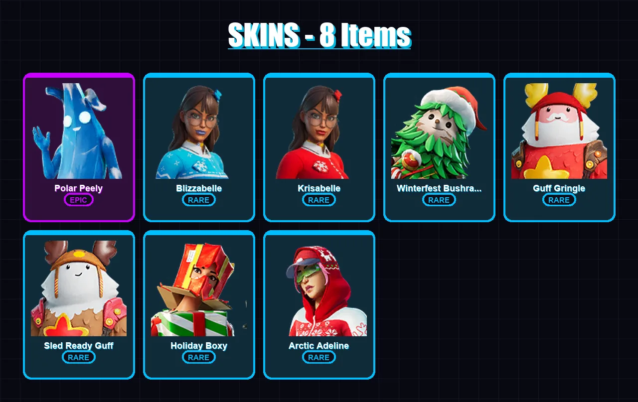 [PC/XBOX/PSN] | Polar Peely | Blizzabelle | Krisabelle | Winterfest Bushranger | Guff Gringle | 8 skin | 16 pickaxe | 13 emote | 22 glider | Lv176