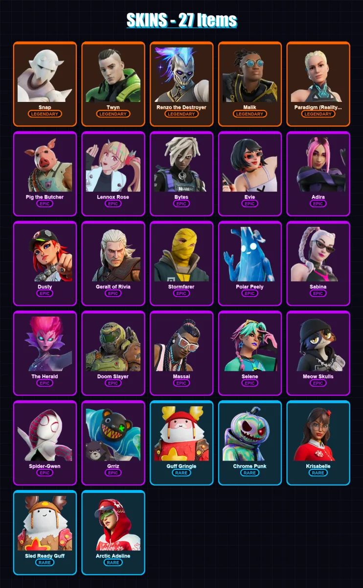 [PC/PSN] | Snap | Twyn | Renzo the Destroyer | Malik | Paradigm (Reality-659) | 27 skin | 43 pickaxe | 31 emote | 40 glider | Lv437