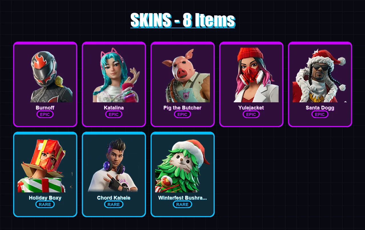 [PC/XBOX/PSN] | Burnoff | Katalina | Pig the Butcher | Yulejacket | Santa Dogg | 8 skin | 28 pickaxe | 9 emote | 14 glider | Lv226