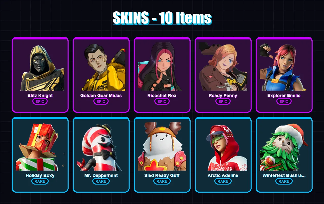[PC/PSN] | Blitz Knight | Golden Gear Midas | Ricochet Rox | Ready Penny | Explorer Emilie | 10 skin | 34 pickaxe | 18 emote | 26 glider | Lv449