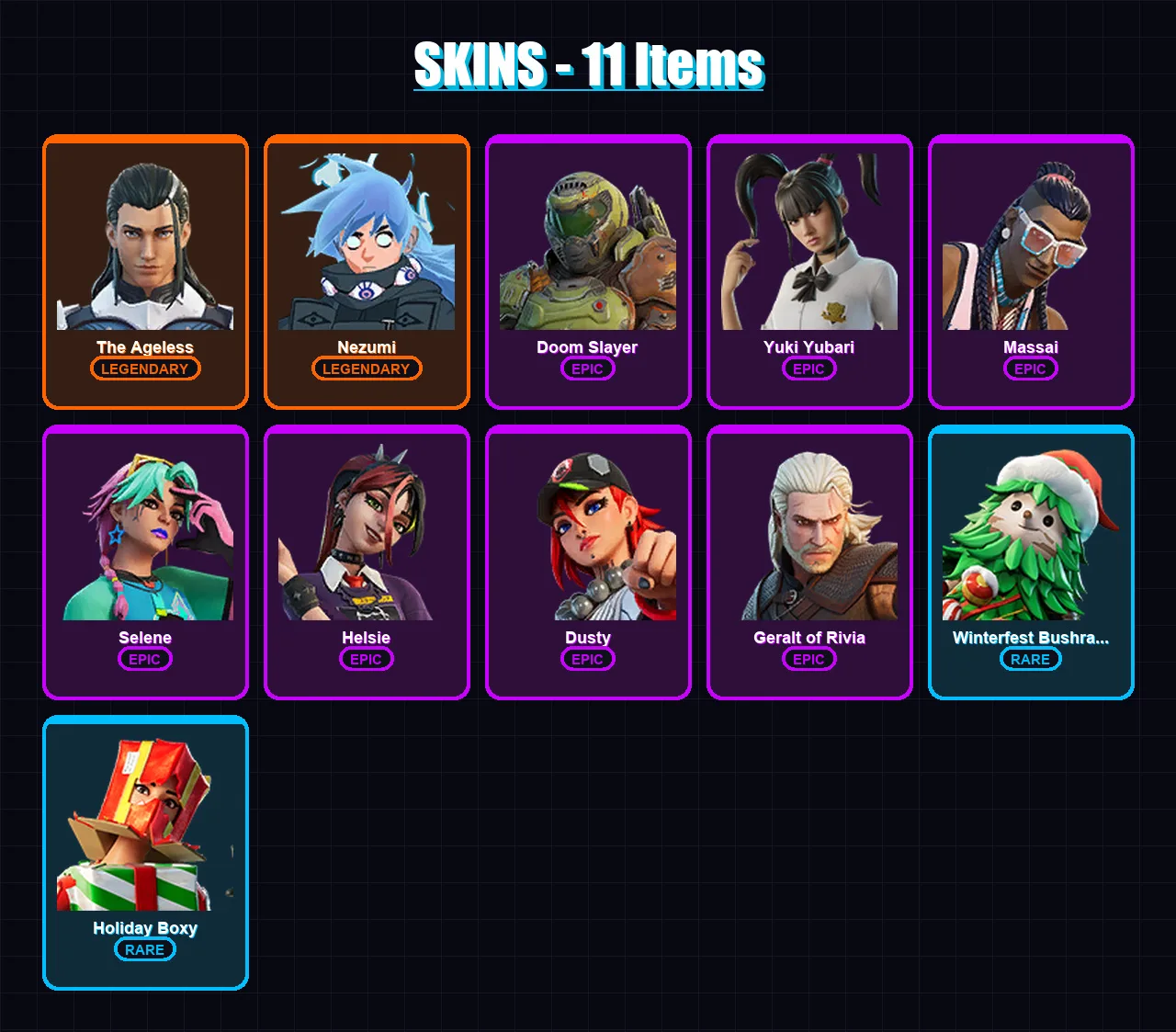 [PS4/PS5/XBOX/PC] | The Ageless | Nezumi | Doom Slayer | Yuki Yubari | Massai | 11 skin | 25 pickaxe | 12 emote | 20 glider | Lv202