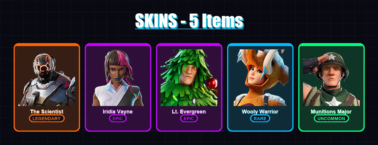 [PC/XBOX/PSN] | The Scientist | Iridia Vayne | Lt. Evergreen | Wooly Warrior | Munitions Major | 5 skin | 19 pickaxe | 20 emote | 21 glider | Lv356