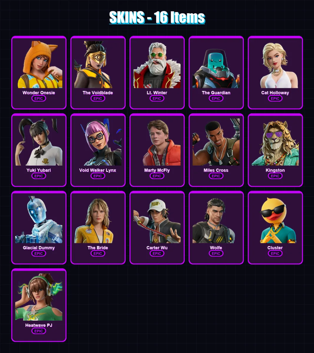 [PC/XBOX/PSN] | Wonder Onesie | The Voidblade | Lt. Winter | The Guardian | Cat Holloway | 16 skin | 25 pickaxe | 19 emote | 17 glider | Lv133