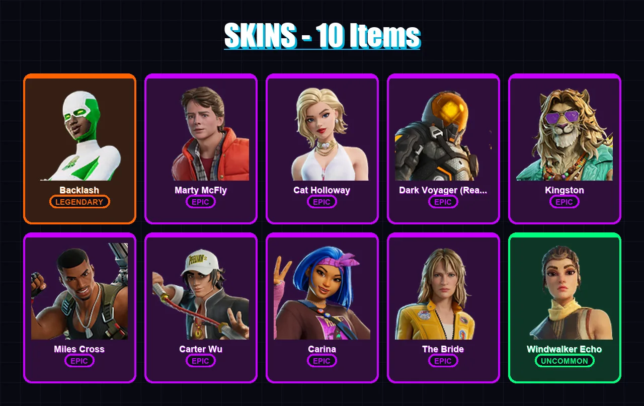 [PC/XBOX/PSN] | Backlash | Marty McFly | Cat Holloway | 10 skin | Lv224 — Fortnite account