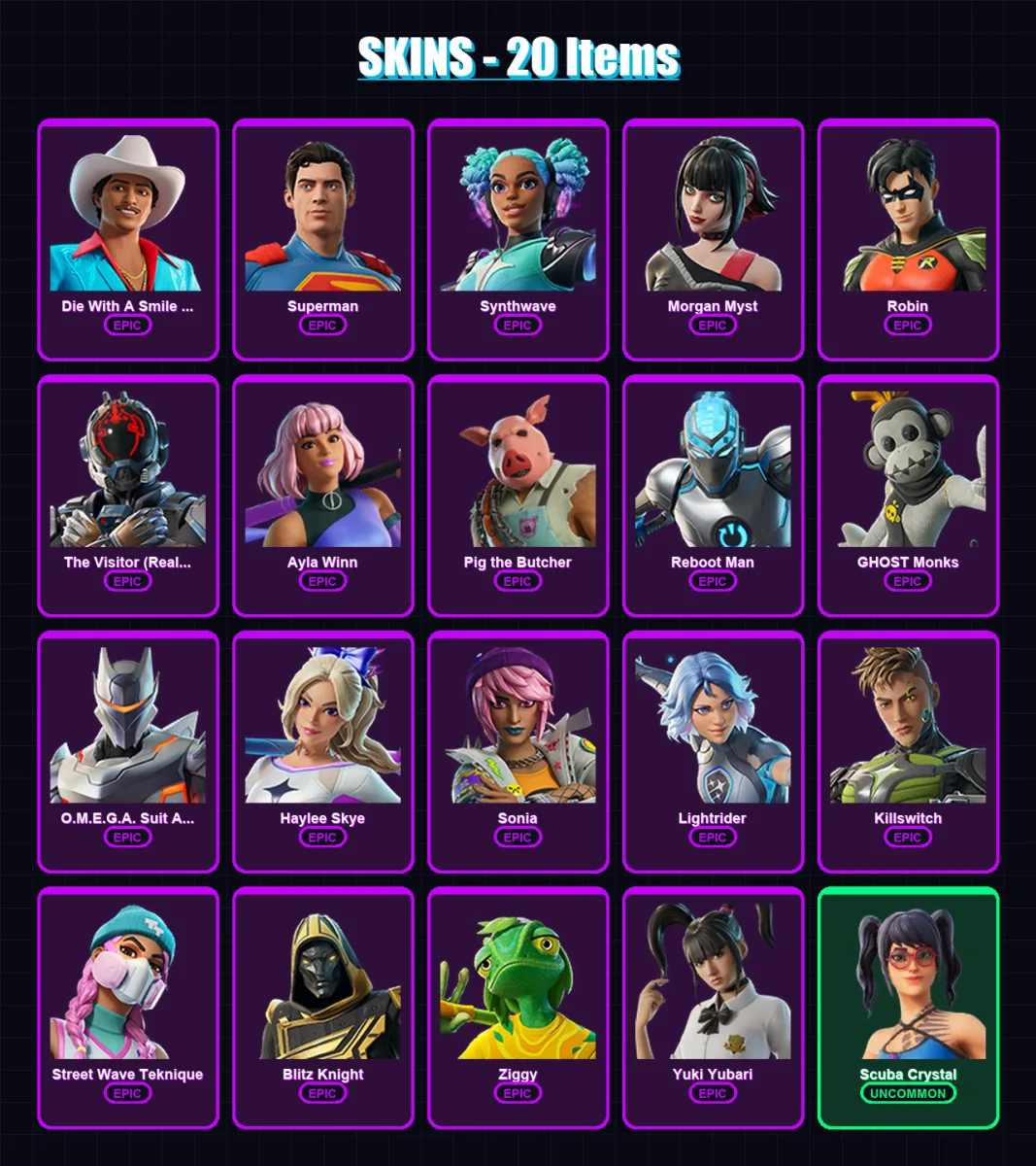 [PC/PSN] | Die With A Smile Bruno | Superman | Synthwave | Morgan Myst | Robin | 20 skin | 54 pickaxe | 28 emote | 35 glider | Lv448 — Fortnite account