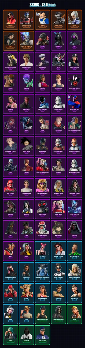 [PS4/PS5/PC] | Joltara | Optimus Prime | Vegeta | Supersonic | Mizuki | 78 skin | 42 pickaxe | 42 emote | 28 glider | Lv452