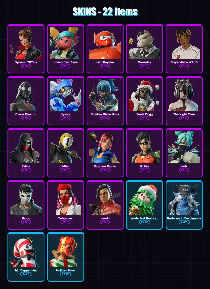 [PC/XBOX] | Dynamo TNTina | Undercover Skye | Hero Baymax | Meowdas | Slayer Juice WRLD | 22 skin | 54 pickaxe | 29 emote | 45 glider | Lv894