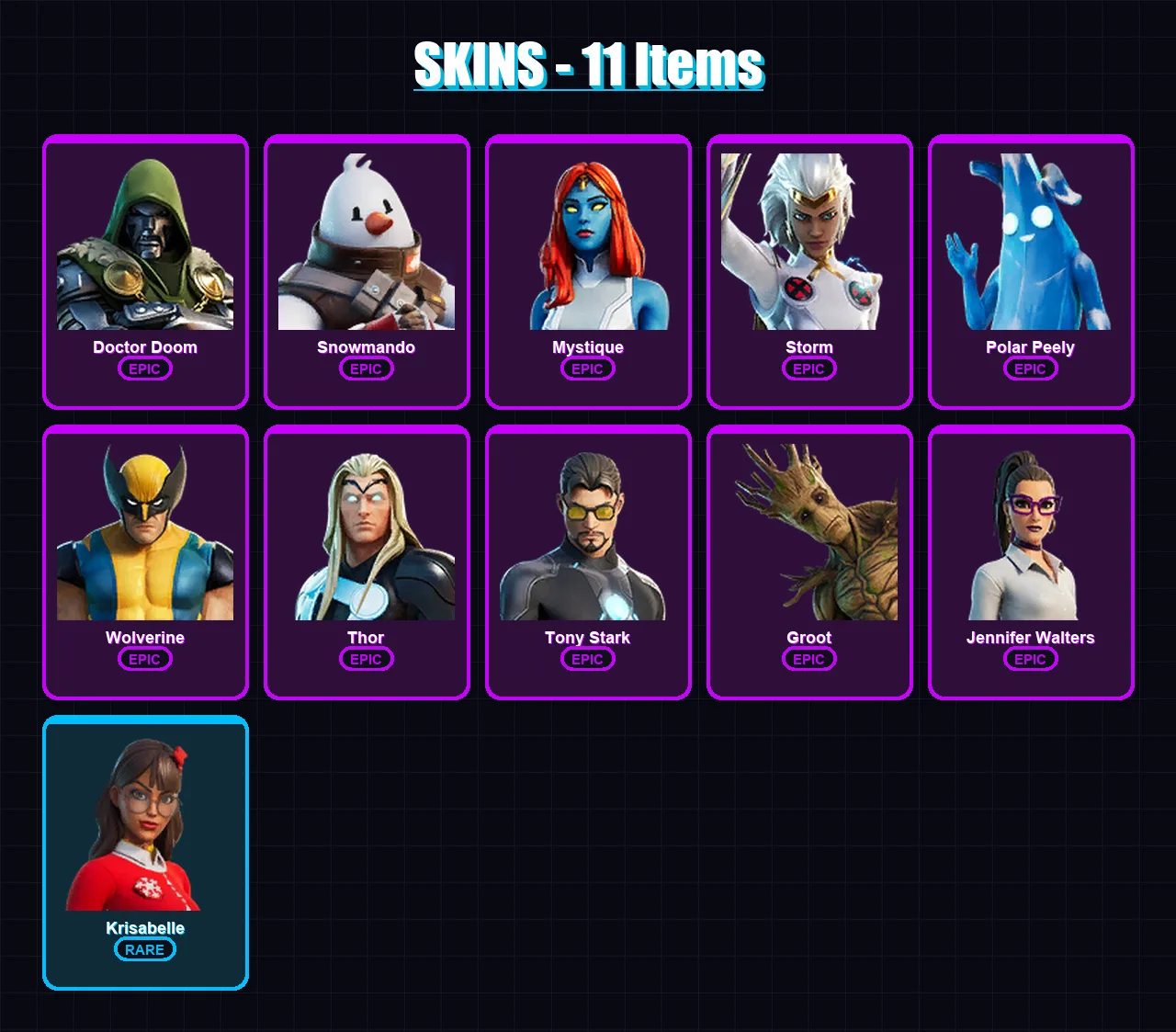 [PC/PSN] | Doctor Doom | Snowmando | Mystique | Storm | Polar Peely | 11 skin | 28 pickaxe | 23 emote | 29 glider | Lv489