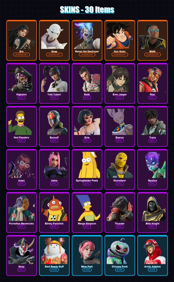 [SWITCH/PSN/PC] | Era | Snap | Renzo the Destroyer | Son Goku | Malik | 30 skin | 49 pickaxe | 35 emote | 44 glider | Lv532