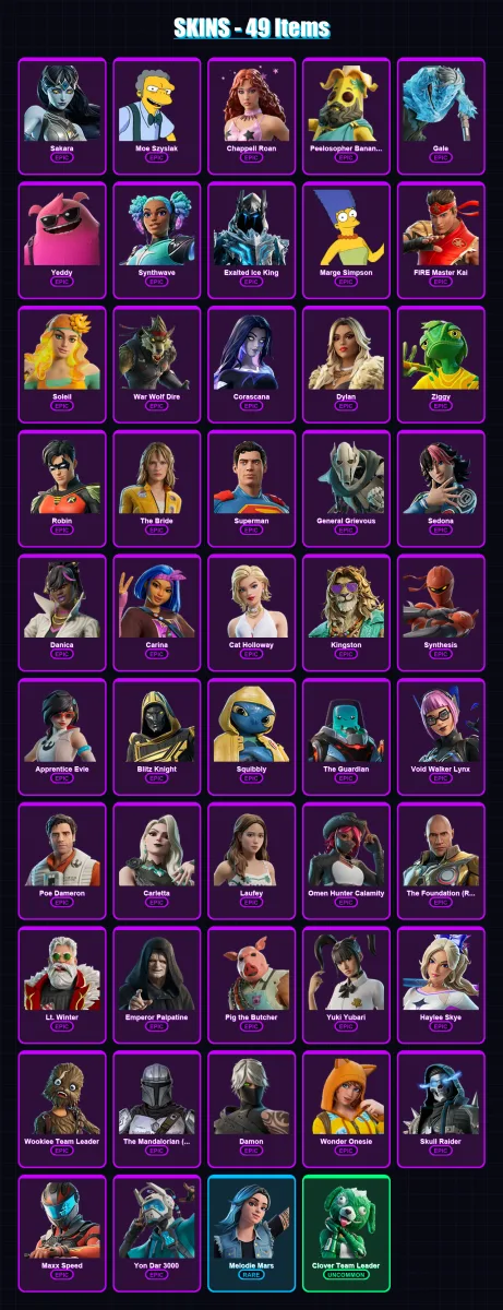 [PC/PSN] | Sakara | Moe Szyslak | Chappell Roan | Peelosopher Bananocrates | Gale | 49 skin | 79 pickaxe | 40 emote | 48 glider | Lv315