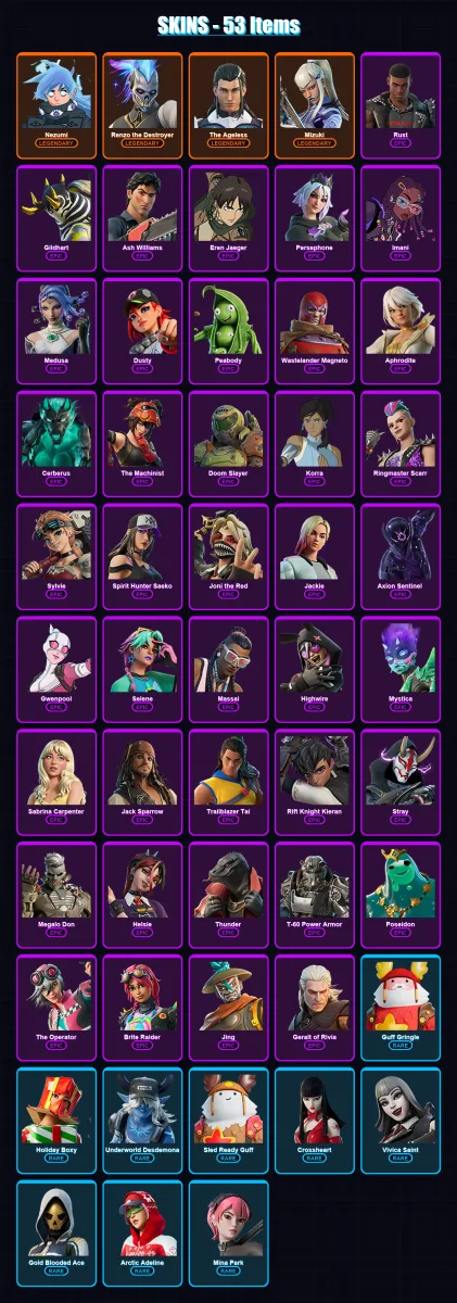 [PC/XBOX/PSN] | Nezumi | Renzo the Destroyer | The Ageless | Mizuki | Rust | 53 skin | 63 pickaxe | 43 emote | 49 glider | Lv618 — Fortnite account