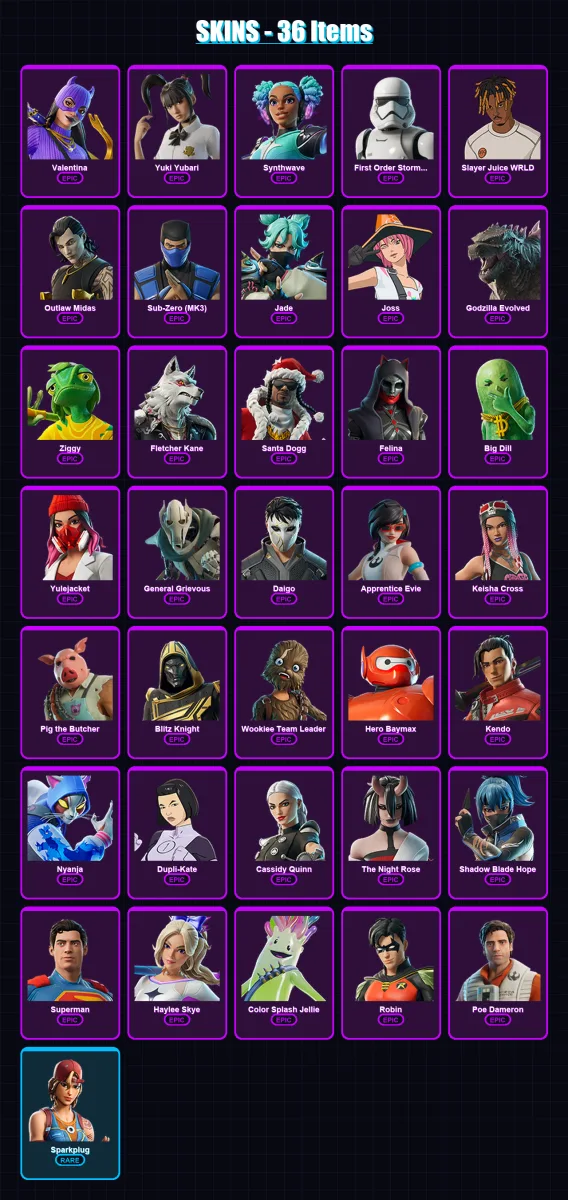 [PC/XBOX] | Valentina | Yuki Yubari | Synthwave | First Order Stormtrooper | Slayer Juice WRLD | 36 skin | 71 pickaxe | 47 emote | 50 glider | Lv666 — Fortnite account