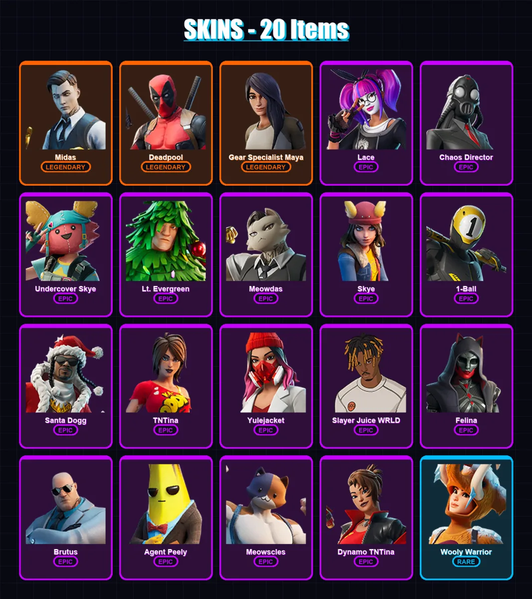[PC/XBOX/PSN] | Midas | Deadpool | Gear Specialist Maya | Lace | Chaos Director | 20 skin | 77 pickaxe | 45 emote | 58 glider | Lv1112 — Fortnite account