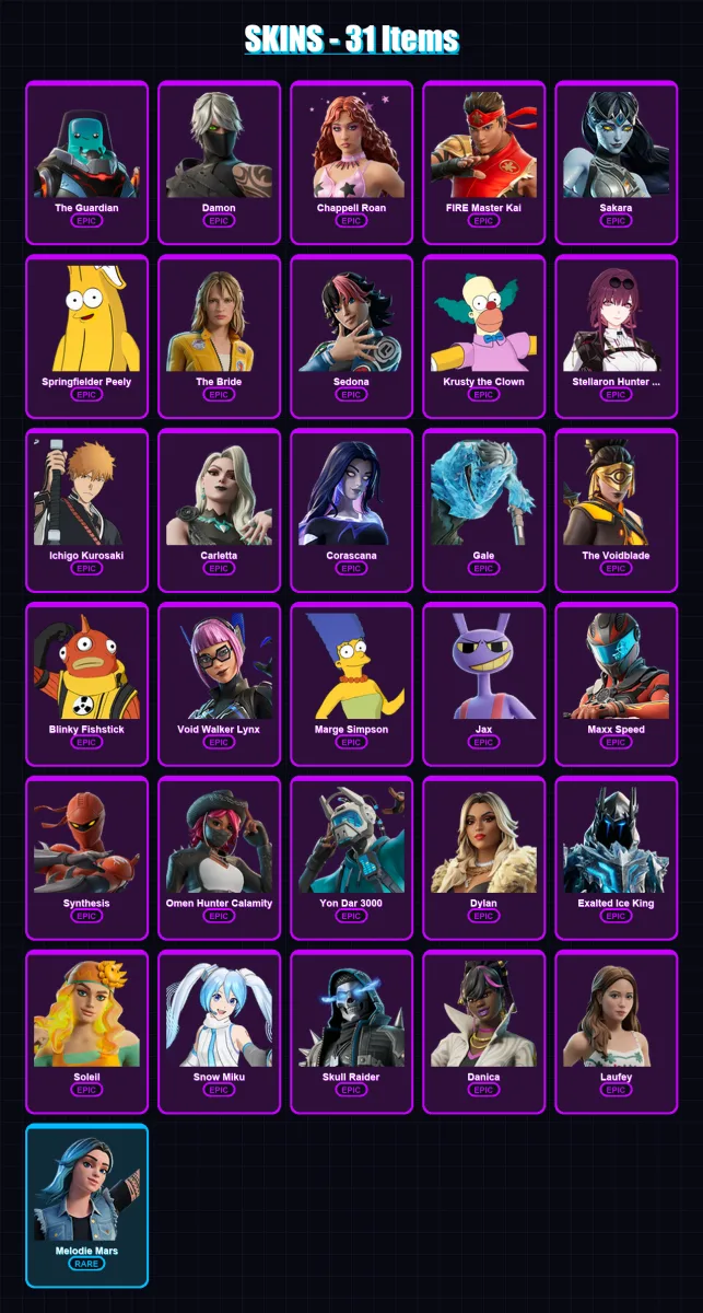 [PC/PSN] | The Guardian | Damon | Chappell Roan | FIRE Master Kai | Sakara | 31 skin | 37 pickaxe | 14 emote | 15 glider | Lv99