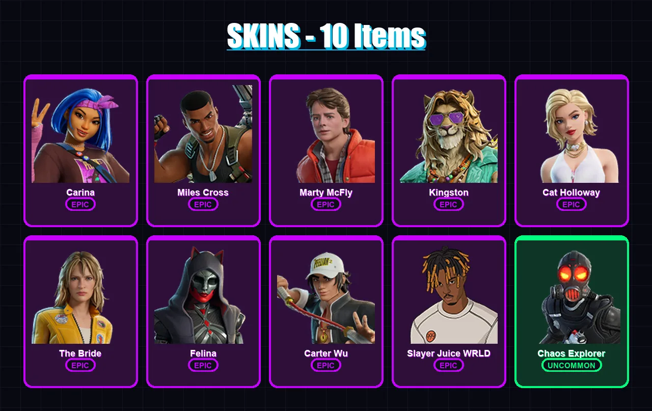 [PS4/PS5/XBOX/PC] | Carina | Miles Cross | Marty McFly | Kingston | Cat Holloway | 10 skin | 39 pickaxe | 19 emote | 27 glider | Lv318 — Fortnite account