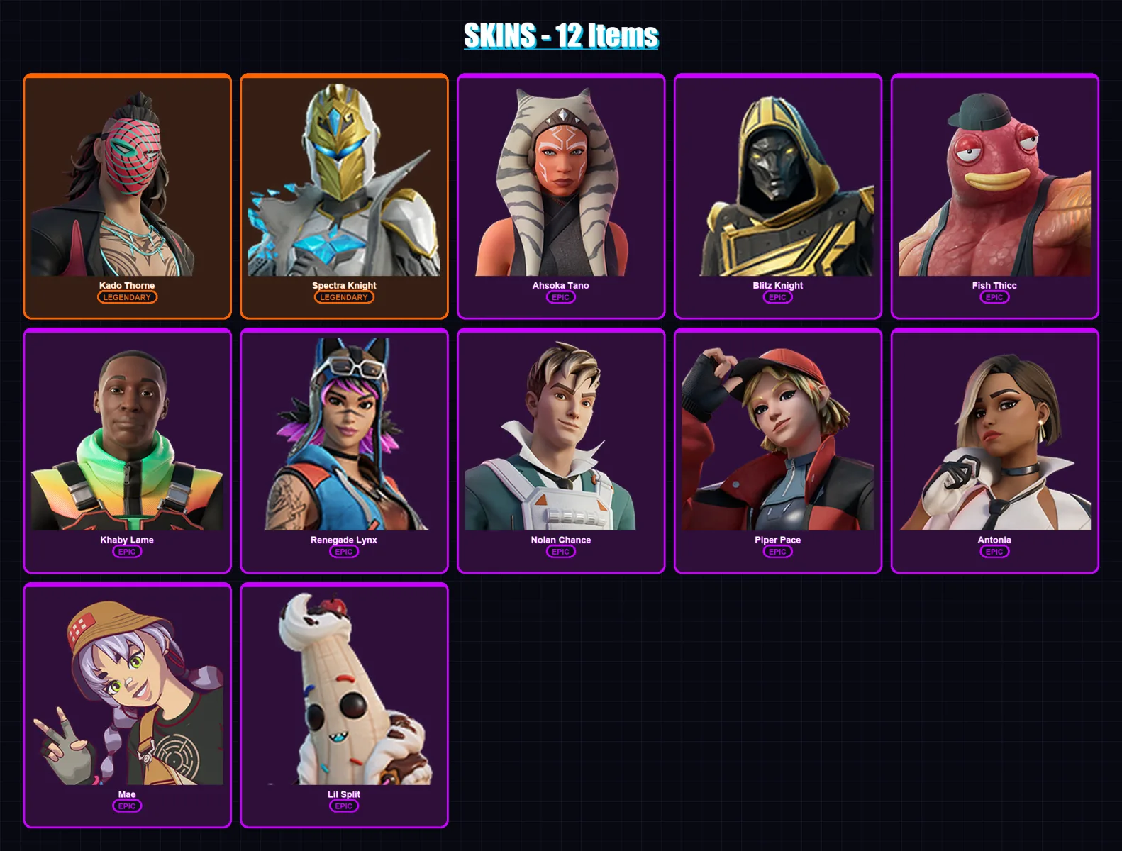 [PC/XBOX/PSN] | Kado Thorne | Spectra Knight | Ahsoka Tano | Blitz Knight | Fish Thicc | 12 skin | 28 pickaxe | 23 emote | 26 glider | Lv435