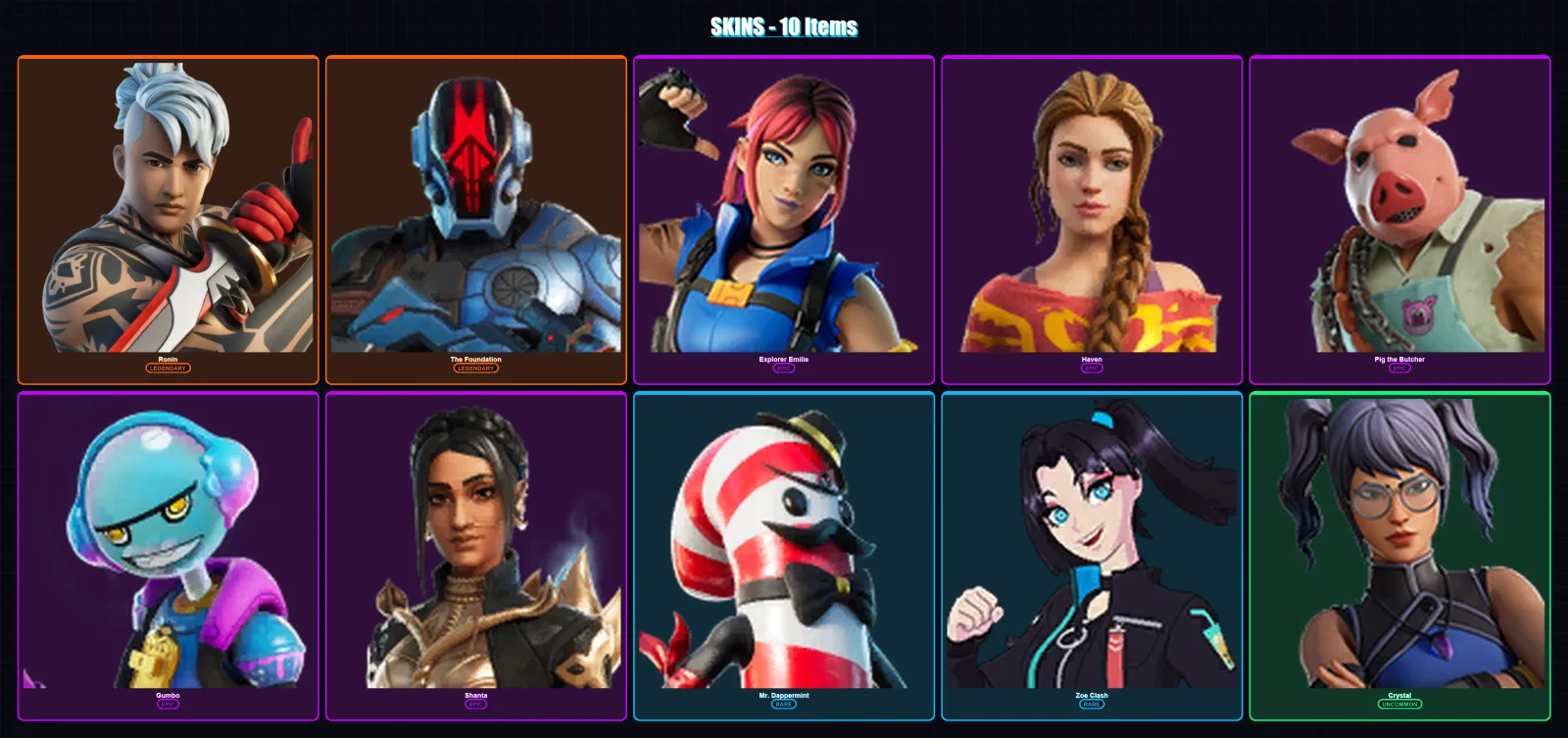[PC/XBOX/PSN] | Ronin | The Foundation | Explorer Emilie | Haven | Pig the Butcher | 10 skin | 19 pickaxe | 13 emote | 18 glider | Lv256