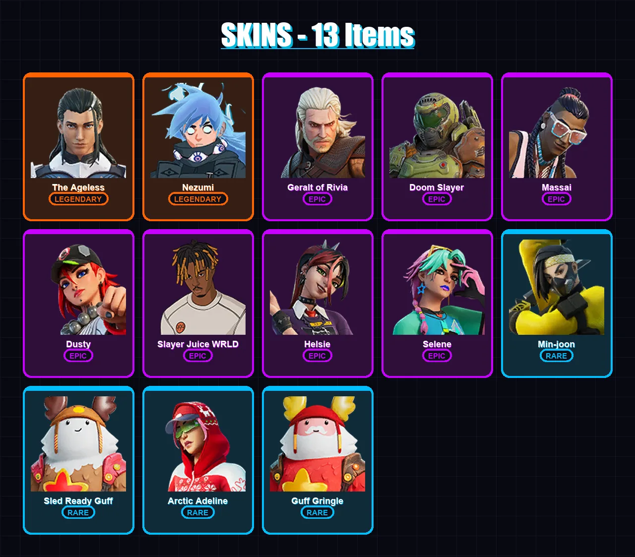 [PC/XBOX/PSN] | The Ageless | Nezumi | Geralt of Rivia | Doom Slayer | Massai | 13 skin | 21 pickaxe | 18 emote | 24 glider | Lv246