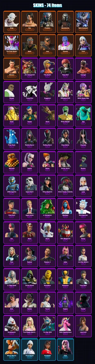 [PS4/PS5/XBOX/PC] | Snap | Raz | Predator | Mandalorian | Spire Assassin | 74 skin | 96 pickaxe | 77 emote | 86 glider | Lv1447