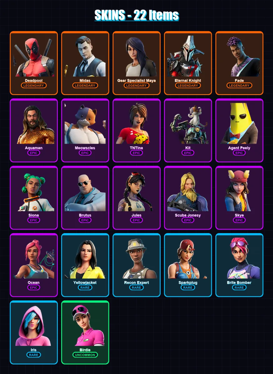 [PC/XBOX/PSN] | Deadpool | Midas | Gear Specialist Maya | Eternal Knight | Fade | 22 skin | 22 pickaxe | 31 emote | 23 glider | Lv390