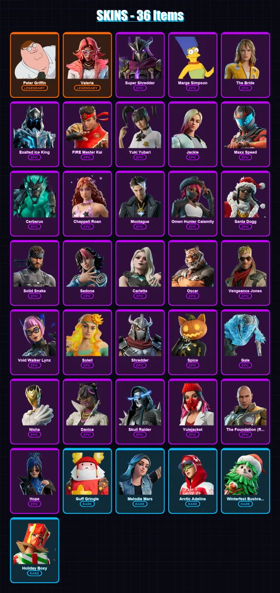 [PC/PSN] | Peter Griffin | Valeria | Super Shredder | Marge Simpson | The Bride | 36 skin | 39 pickaxe | 23 emote | 29 glider | Lv323