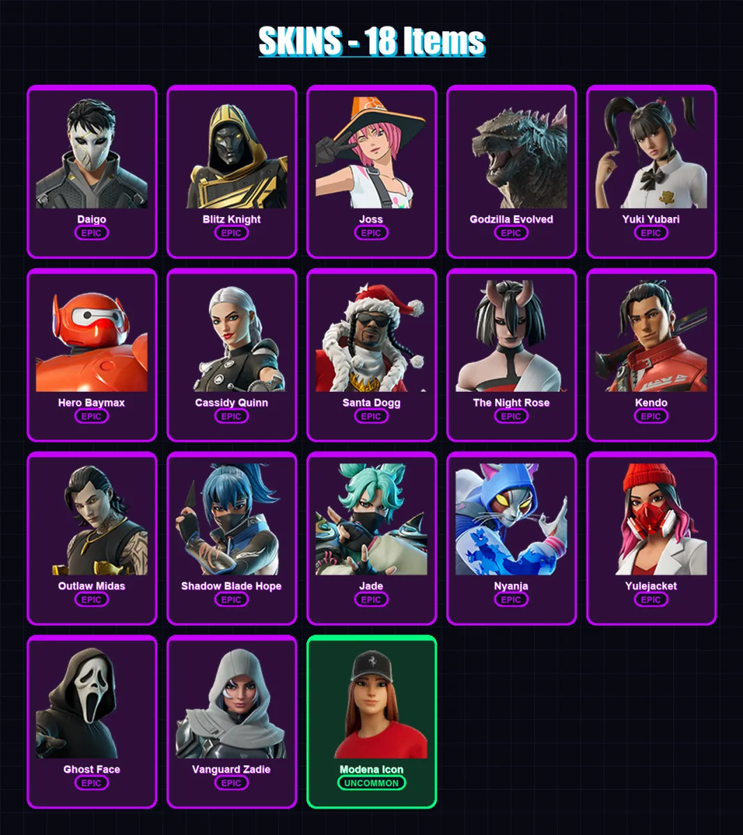 [SWITCH/PSN/PC] | Daigo | Blitz Knight | Joss | Godzilla Evolved | Yuki Yubari | 18 skin | 57 pickaxe | 31 emote | 37 glider | Lv456