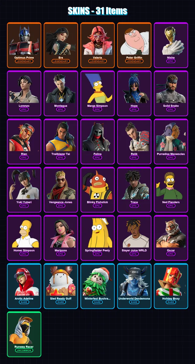 [PS4/PS5/XBOX/PC] | Optimus Prime | Era | Valeria | Peter Griffin | Nisha | 31 skin | 59 pickaxe | 42 emote | 51 glider | Lv861