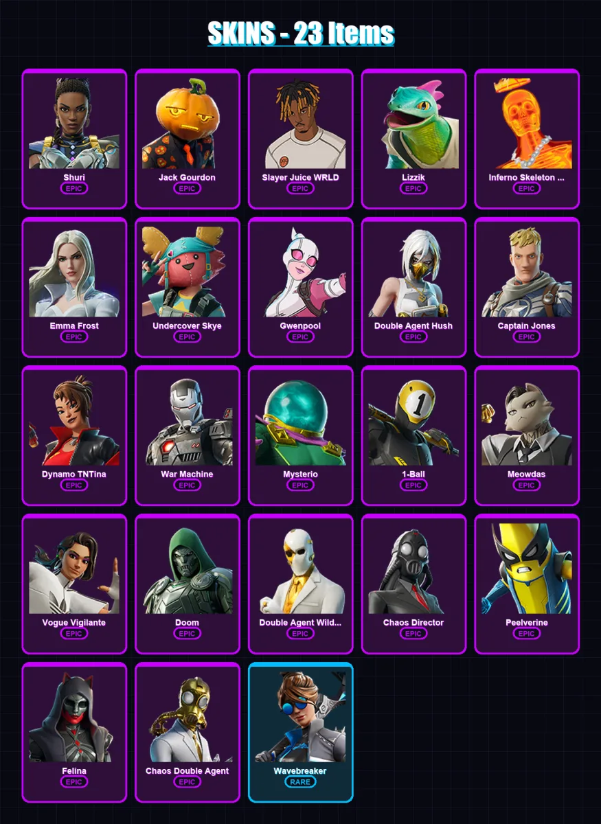 [PC/XBOX/PSN] | Shuri | Jack Gourdon | Slayer Juice WRLD | Lizzik | Inferno Skeleton Balvin | 23 skin | 33 pickaxe | 22 emote | 20 glider | Lv322 — Fortnite account